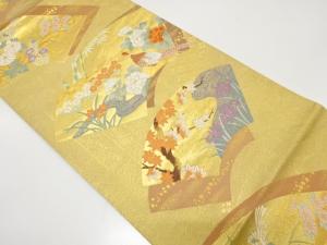 アンティーク　地紙に雉・草花模様織り出し袋帯（材料）